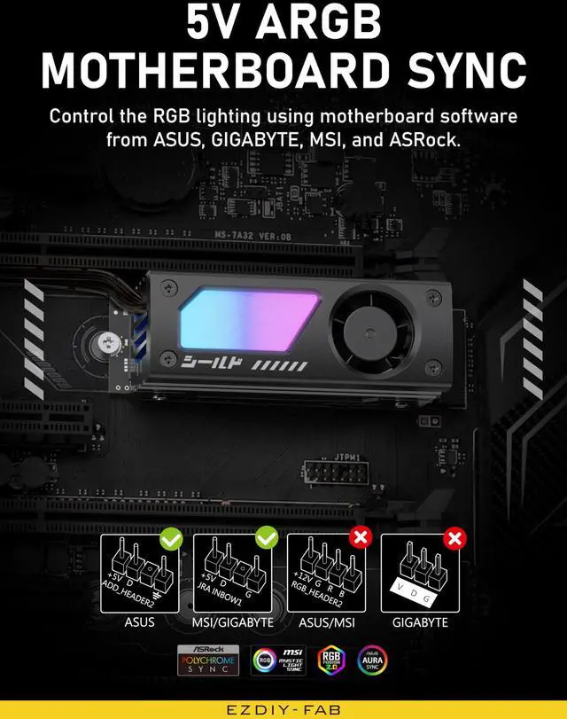 Alt view image 7 of 7 - BUCIER Shield ARGB M.2 SSD Heatsink with Build-in 20mm PWM Fan, Premium Aluminum Design,5V 3-Pin ARGB Sync, High-Performance SSD Cooler for M.2 2280-Black-1 Pack