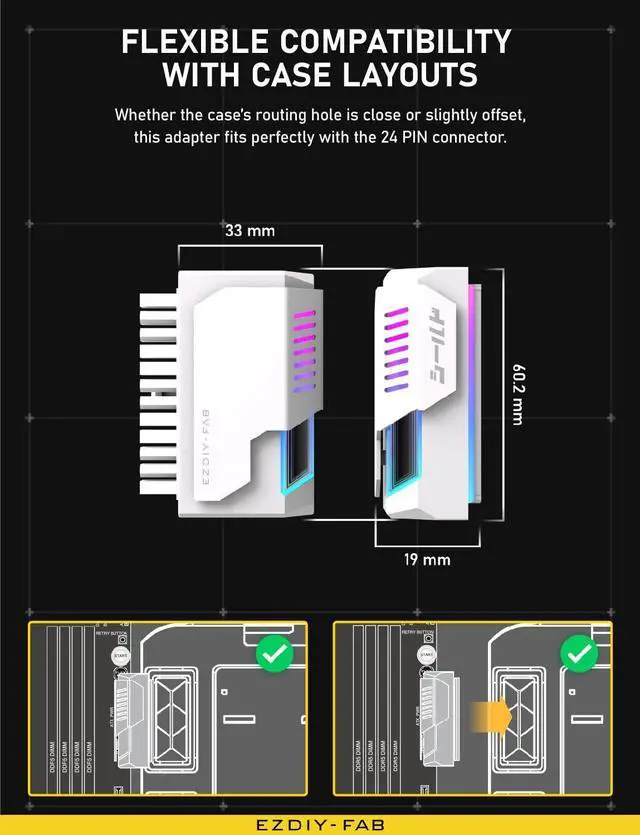 Alt view image 6 of 7 - BUCIER Shield 24-pin 90 Degree Angle Adapter with Infinity Mirror ARGB Light,ATX 24 Pin Power Connector, 5V 3pin ARGB Sync-90 Degree-White-1 Pack