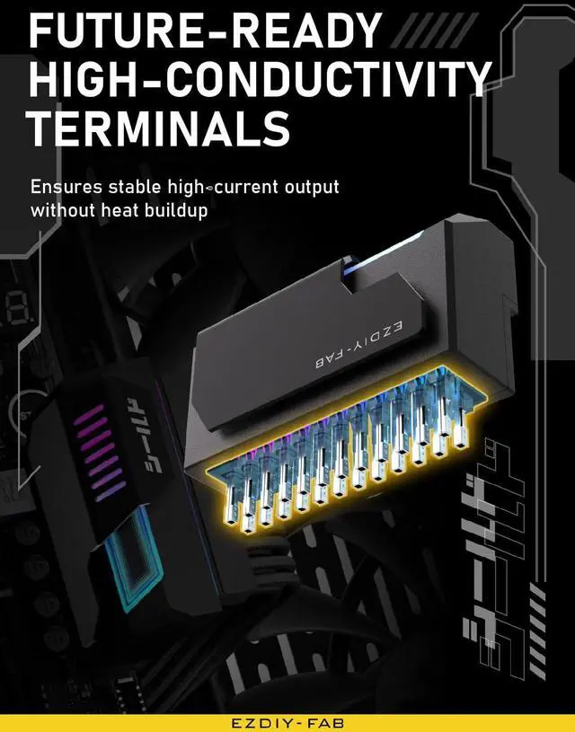 Alt view image 4 of 7 - BUCIER Shield 24-pin 90 Degree Angle Adapter with Infinity Mirror ARGB Light,ATX 24 Pin Power Connector, 5V 3pin ARGB Sync-90 Degree-Black-1 Pack