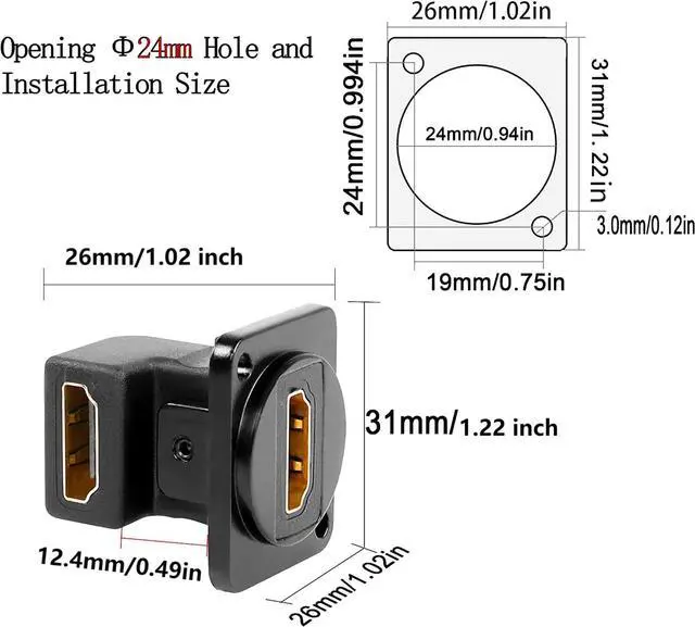 Alt view image 7 of 7 - BUCIER HDMI Right Angle D Type Panel Mount Adapter Connector Extender Socket Series D-Type HDMI Coupler Female to Female Glod Plated Connector with Screws