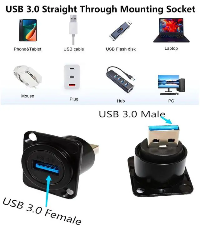 Alt view image 3 of 6 - BUCIER USB3.0 D Type Panel Mount Adapter Male to Female Connector Straight Through Panel Socket for USB Extension Data Transfer 5Gbps Charging Black