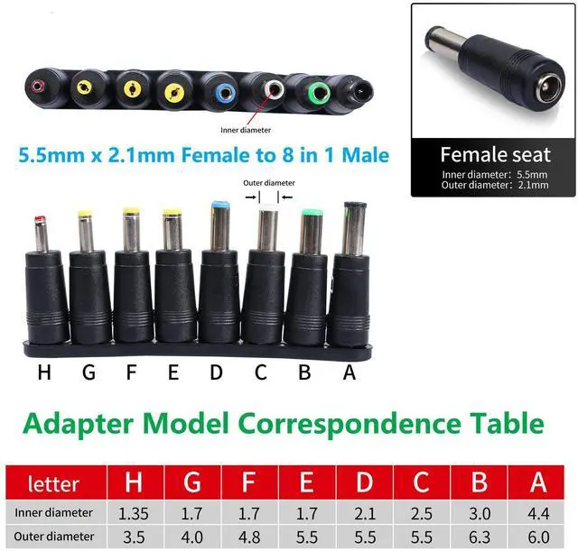 Alt view image 2 of 7 - BUCIER Laptop DC Power Adapter 8-in-1 Universal DC Plug 5.5mm x 2.1mm Female to Male Adapter Connector with DC 5.5 x2.1mm Black Tuning Fork Cable 22cm/8.67 inch