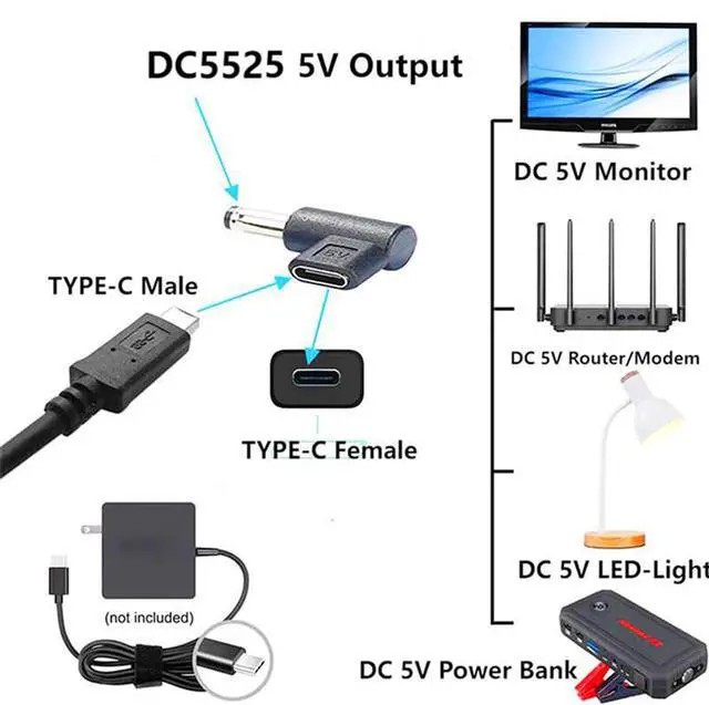 Alt view image 2 of 7 - BUCIER DC5525 to Type-C 90 Degree Adapter DC 5.5mmx2.5mm Male Plug to USB C Female Converter 5V Power Supply Charge Adapter for LED Lamp Projector Sound Camera Router 2pcs