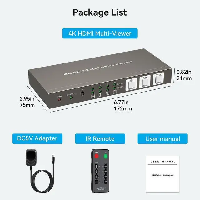 Alt view image 7 of 7 - BUCIER HDMI Multiviewer 4x1 4 Port Multi-Picture Seamless Switch 4 Input 1 Output Split Screen TV, Support 4K@30Hz 1080P60Hz Applicable to Display Multiple Signal Sources on The Same Monitor