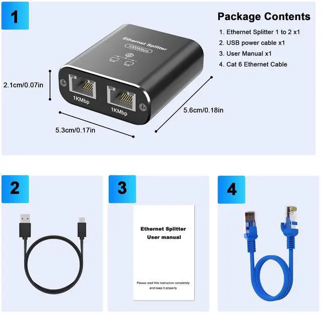 Alt view image 7 of 7 - BUCIER Gigabit Ethernet Splitter 1 to 2 Out with Cat 6 Ethernet Cable, 1000Mbps Internet Splitter 1 in 2 Out, RJ45 Hub with USB Power Cable, RJ45 Switch Connector for Cat 5/5e/6/7/8 Cables