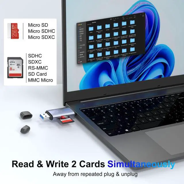 Alt view image 3 of 7 - BUCIER USB 3.0 SD Card Reader, 5Gbps 2-in-1 Type-C & USB-A Dual Slot Memory Card Reader for SD/Micro SD/SDHC/SDXC/MMC/UHS-I, Compatible with iPhone 16/15, MacBook, iPad, Android, PC, Laptop, Camera