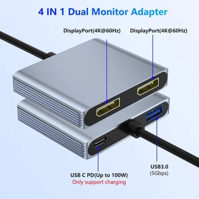 Alt view image 5 of 7 - KEHIPI DisplayPort Splitter for Dual Monitors, 4K@60Hz USB-C to DisplayPort Adapter, Type-C Docking Station for Dell/HP/Mac, Display Port MST Hub with USB3.0/PD,Display Port Splitter for Dual Monitors