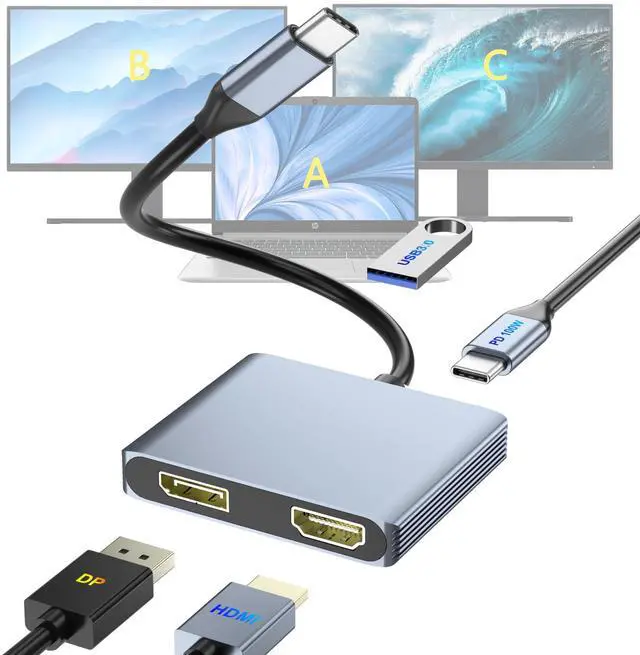 Main image of KEHIPI USB C to DisplayPort and HDMI Adapter 4-in-1 with 100W PD & USB 3.0 Support Splitter Extended Display for Type C Devices, MacOS Only Mirrors Same Screen(SST),Windows Extend Two Different Screen