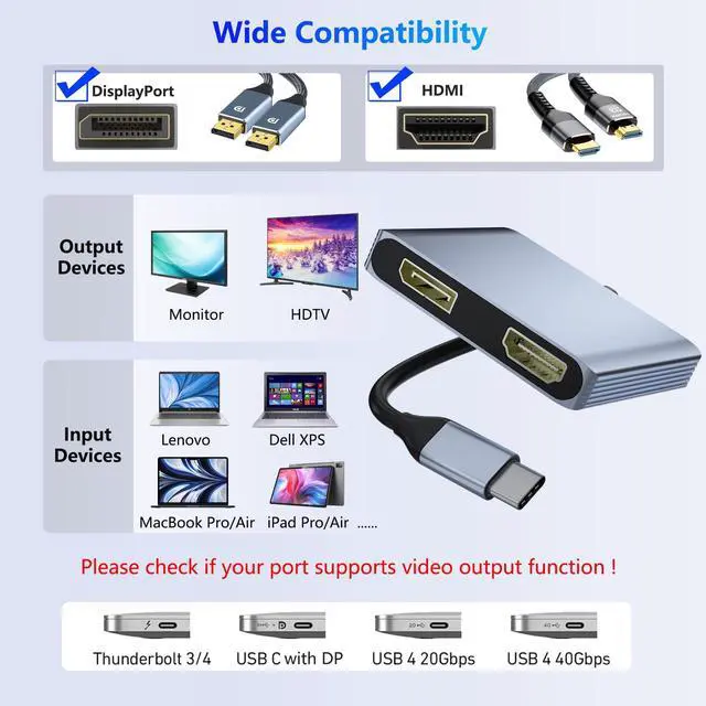 Alt view image 4 of 7 - KEHIPI USB C to DisplayPort and HDMI Adapter 4-in-1 with 100W PD & USB 3.0 Support Splitter Extended Display for Type C Devices, MacOS Only Mirrors Same Screen(SST),Windows Extend Two Different Screen