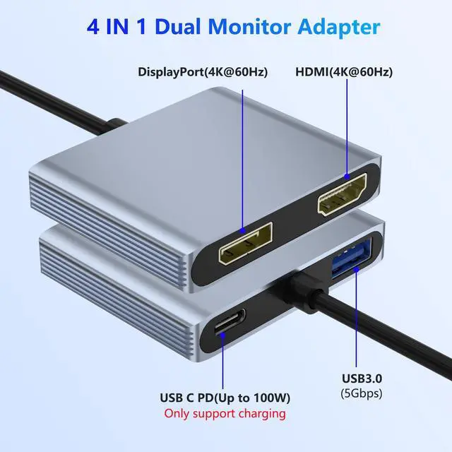 Alt view image 5 of 7 - KEHIPI USB C to DisplayPort and HDMI Adapter 4-in-1 with 100W PD & USB 3.0 Support Splitter Extended Display for Type C Devices, MacOS Only Mirrors Same Screen(SST),Windows Extend Two Different Screen