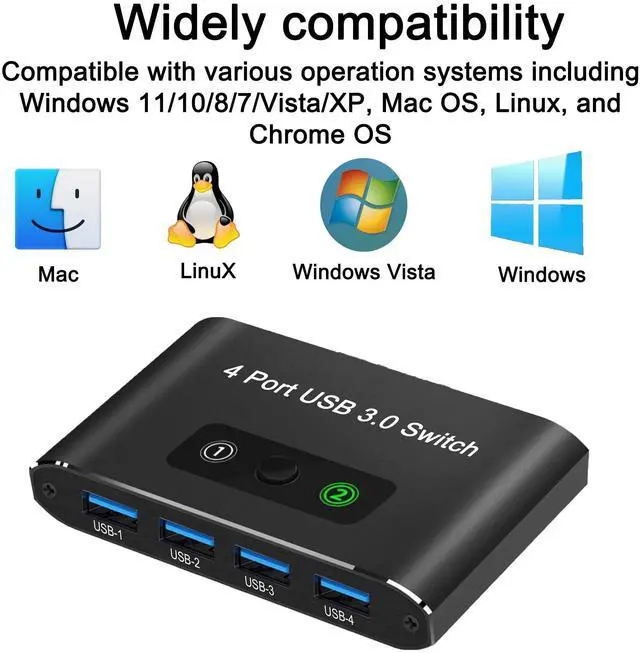 Alt view image 3 of 7 - BUCIER USB Switch,USB 3.0 Switch, 2 Computers Sharing 4 Devices, Aluminum Switcher for Mouse, Keyboard, Printer, Scanner, Flash Drive, Compatible with Windows, Mac, Linux, Chrome OS