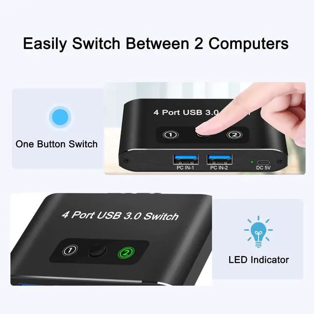 Alt view image 4 of 7 - BUCIER USB Switch,USB 3.0 Switch, 2 Computers Sharing 4 Devices, Aluminum Switcher for Mouse, Keyboard, Printer, Scanner, Flash Drive, Compatible with Windows, Mac, Linux, Chrome OS