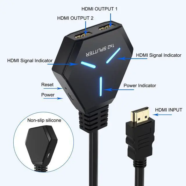 Alt view image 7 of 7 - KEHIPI HDMI Splitter for Dual Monitors Duplicate/Mirror (Not Extend), 4K HDMI Splitter 1 in 2 Out for Full HD 4K@30hz, 1080P, 3D, Compatible with Xbox, PS4, PS5, TV, Projector, Computer