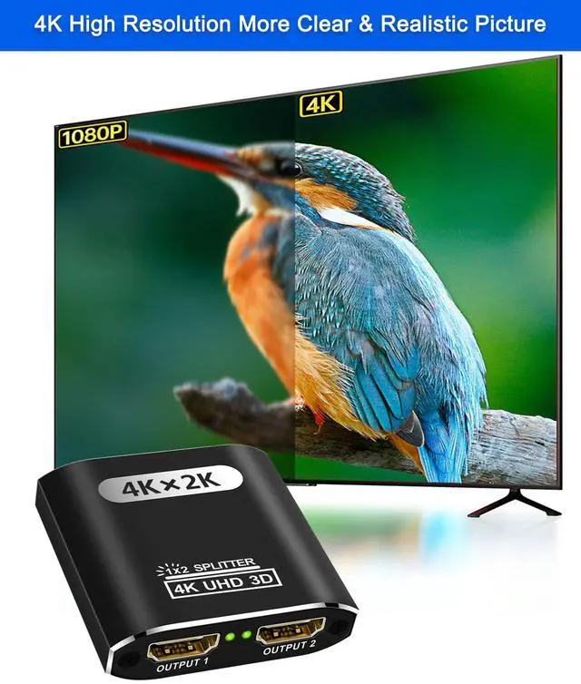 Alt view image 5 of 7 - BUCIER HDMI Splitter 1 in 2 Out, 4K HDMI Splitter for Dual Monitors Supports 3D Full HD 1080P Aluminum Dual Monitor Compatible for PS4 Fire Stick HDTV(1 Source to 2 Displays)