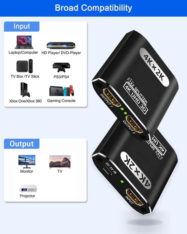 Alt view image 7 of 7 - BUCIER HDMI Splitter 1 in 2 Out, 4K HDMI Splitter for Dual Monitors Supports 3D Full HD 1080P Aluminum Dual Monitor Compatible for PS4 Fire Stick HDTV(1 Source to 2 Displays)