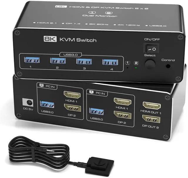 Main image of KVM Switch 2 Monitors 2 Computers, 8K HDMI+DP Dual Monitor KVM Switch, USB 3.0 Hub for 2 PC Share 2 Screens, Support Extended/Copy Mode with Desktop Controller with 2 USB Cables & Desktop Controller
