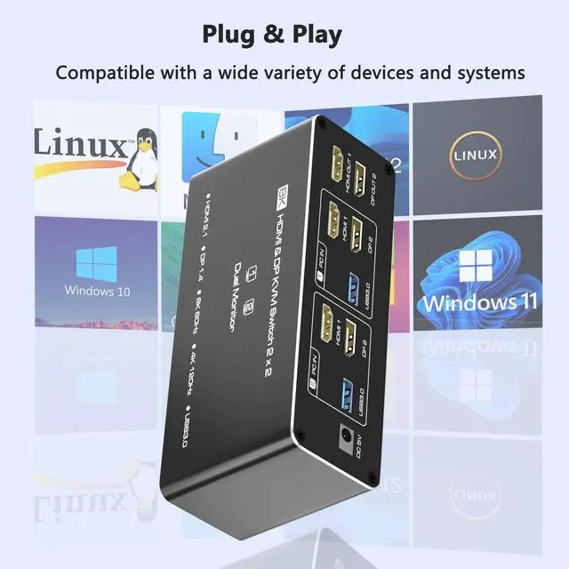 Alt view image 6 of 7 - KVM Switch 2 Monitors 2 Computers, 8K HDMI+DP Dual Monitor KVM Switch, USB 3.0 Hub for 2 PC Share 2 Screens, Support Extended/Copy Mode with Desktop Controller with 2 USB Cables & Desktop Controller