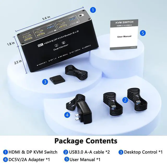 Alt view image 7 of 7 - KVM Switch 2 Monitors 2 Computers, 8K HDMI+DP Dual Monitor KVM Switch, USB 3.0 Hub for 2 PC Share 2 Screens, Support Extended/Copy Mode with Desktop Controller with 2 USB Cables & Desktop Controller