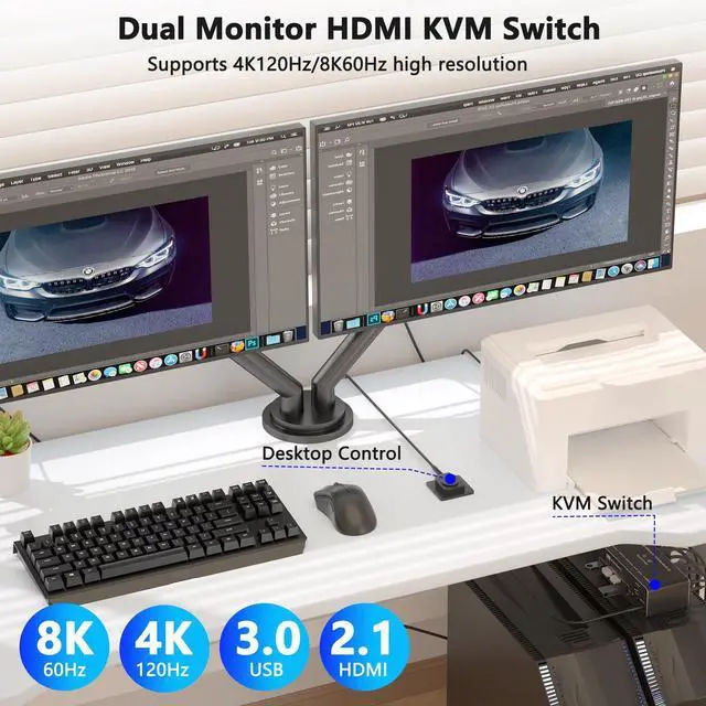Alt view image 2 of 7 - BUCIER KVM Switch 2 Monitors 2 Computers, HDMI KVM Switches 8K@60Hz, USB 3.0 Switch for 2 PC Share 2 Screens, Support Extended/Copy Mode with Desktop Controller with 2 USB Cables & Desktop Controller