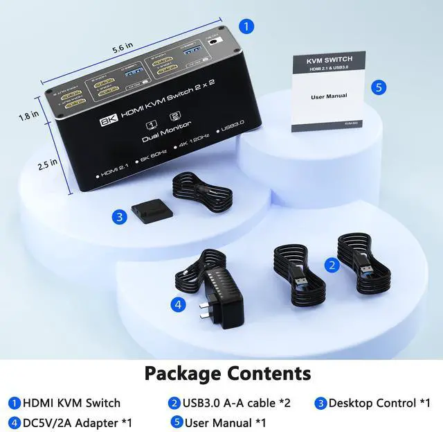Alt view image 7 of 7 - BUCIER KVM Switch 2 Monitors 2 Computers, HDMI KVM Switches 8K@60Hz, USB 3.0 Switch for 2 PC Share 2 Screens, Support Extended/Copy Mode with Desktop Controller with 2 USB Cables & Desktop Controller