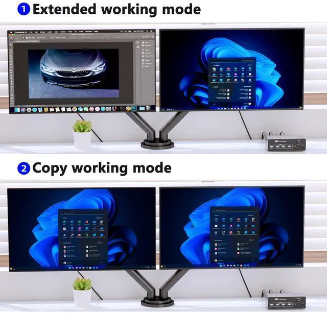 Alt view image 4 of 7 - BUCIER KVM Switch 2 Monitors 2 Computers DisplayPort 8K @60Hz, USB 3.0 KVM Switches for 2 Computers Share Dual Monitor and 4 USB Devices, DisplayPort KVM with Wired Controller Support Extend/Copy Mode