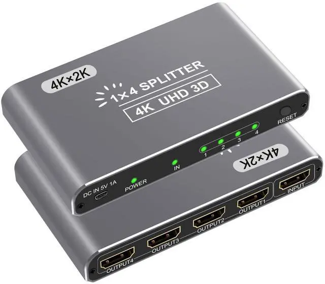 Main image of BUCIER HDMI Splitter 1 in 4 Out, 4K HDMI Splitters for 4 Monitors Supports 3D Full HD 1080P Aluminum, Compatible for PS4 Fire Stick HDTV(1 Source to 4 Displays) Silver