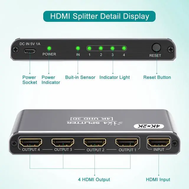 Alt view image 5 of 7 - BUCIER HDMI Splitter 1 in 4 Out, 4K HDMI Splitters for 4 Monitors Supports 3D Full HD 1080P Aluminum, Compatible for PS4 Fire Stick HDTV(1 Source to 4 Displays) Silver