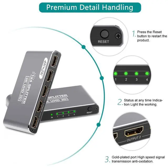 Alt view image 6 of 7 - BUCIER HDMI Splitter 1 in 4 Out, 4K HDMI Splitters for 4 Monitors Supports 3D Full HD 1080P Aluminum, Compatible for PS4 Fire Stick HDTV(1 Source to 4 Displays) Silver