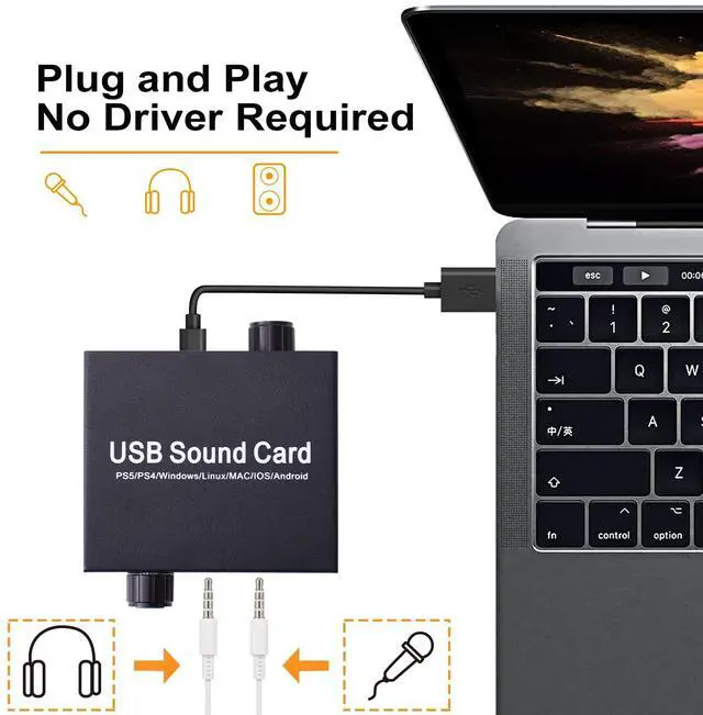 Alt view image 2 of 7 - BUCIER External Sound Card, USB Audio Adapter with Volume Output and Bass Adjustment, Stereo Sound Card with 3.5mm Microphone Port for Windows/Linux/MAC/iOS/Android System, PS5, Laptops, Desktops
