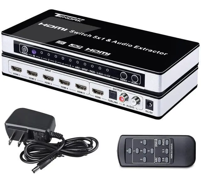 Main image of BUCIER HDMI Switch with Audio Extractor, 4K 5 Ports HDMI Switcher Box with Optical Toslink SPDIF + L/R 3.5mm Stereo Audio Adapter with Remote Control Support ARC for PS4/ Roku/HDTV