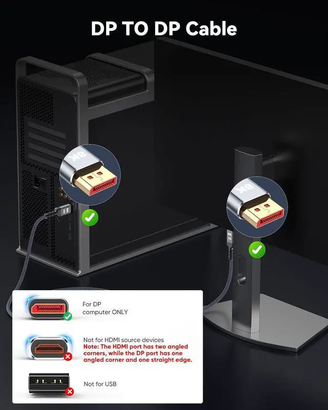 Alt view image 2 of 7 - BUCIER DisplayPort Cable 1.4, 8K 4K DP Cable 9.8ft, Display Port Cable [8K@60Hz, 4K@144Hz, 2K@240Hz, 32.4Gbps], High Refresh Rate for Gaming Monitor, HBR3, HDR (9.8 Feet)