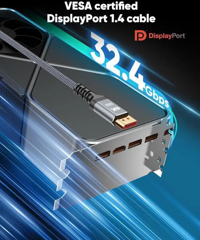 Alt view image 3 of 7 - BUCIER DisplayPort Cable 1.4, 8K 4K DP Cable 9.8ft, Display Port Cable [8K@60Hz, 4K@144Hz, 2K@240Hz, 32.4Gbps], High Refresh Rate for Gaming Monitor, HBR3, HDR (9.8 Feet)