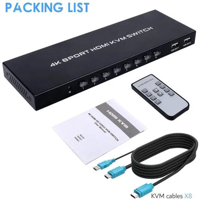 Alt view image 5 of 5 - BUCIER 8 Port KVM Switch HDMI, 4K@30Hz 8 in 1 Out HDMI KVM Switch for 8 PC Sharing 1 HD Monitor and 4 USB Devices with IR Remote & 8 HDMI Cables