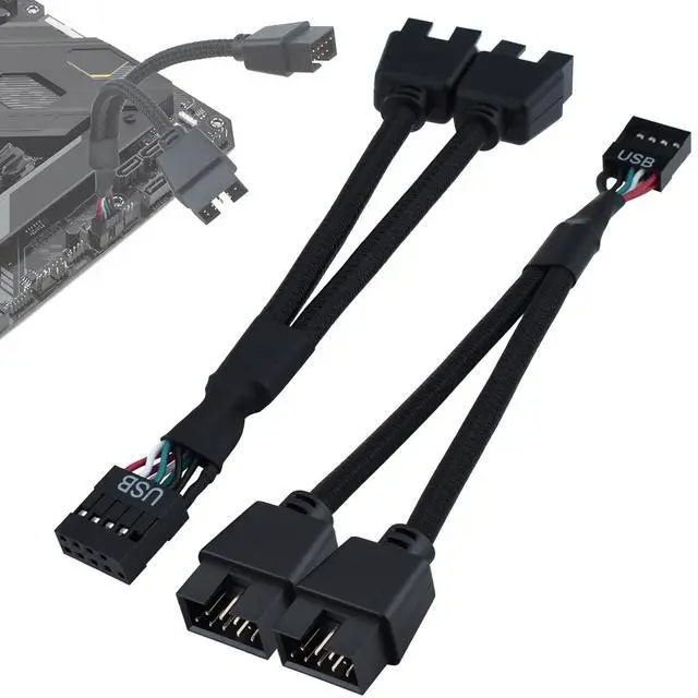 Main image of BUCIER 2Pcs Motherboard 9 Pin USB 2.0 to Dual 9 Pin Extension Splitter, USB 2.0 Header Splitter Nylon Braided Cable for PC Computer Internal Motherboard USB Hub, Black