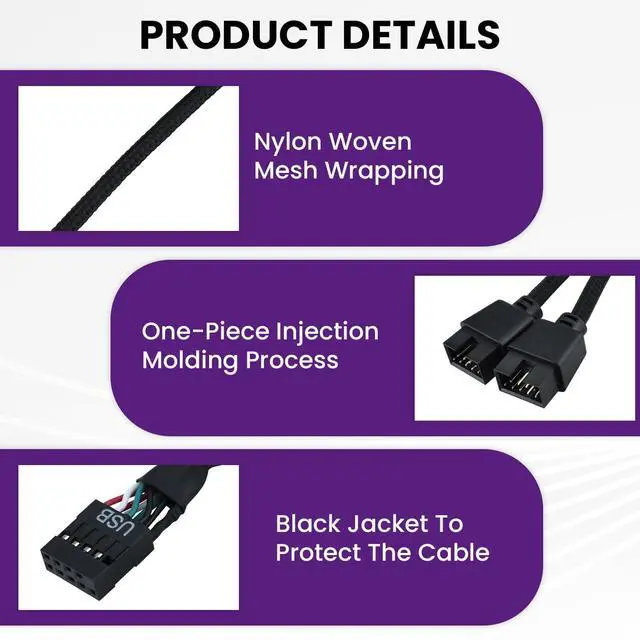 Alt view image 4 of 7 - BUCIER 2Pcs Motherboard 9 Pin USB 2.0 to Dual 9 Pin Extension Splitter, USB 2.0 Header Splitter Nylon Braided Cable for PC Computer Internal Motherboard USB Hub, Black