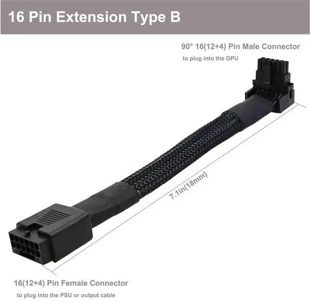 Alt view image 4 of 5 - BUCIER 12VHPWR Cable, 16 Pin GPU PCIe 5.0 Female to Male Extension 90 Degree Angle 16AWG 600W Sleeved Adapter for 12+4pin RTX 4090 4080 4070Ti 3090Ti Graphic Card 7.1-inch (Type B)