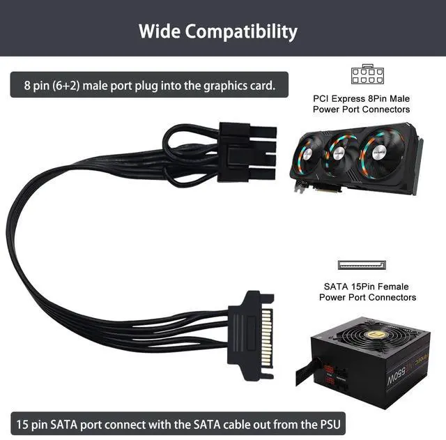 Alt view image 4 of 5 - BUCIER SATA to 8 Pin GPU Power Adapter, SATA to 8 Pin (6+2) PCIe Graphics Card Power Supply Cable 9-inch (Pack of 2)