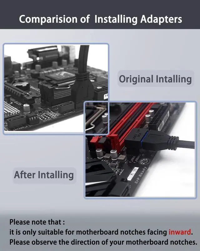 Alt view image 4 of 5 - BUCIER USB 3.0 90 Degree Motherboard Adapter, 19Pin Male to Female L Turn Right Angle Extension Power Adapter for Desktop Motherboard Internal Header Up AngledPack of 2