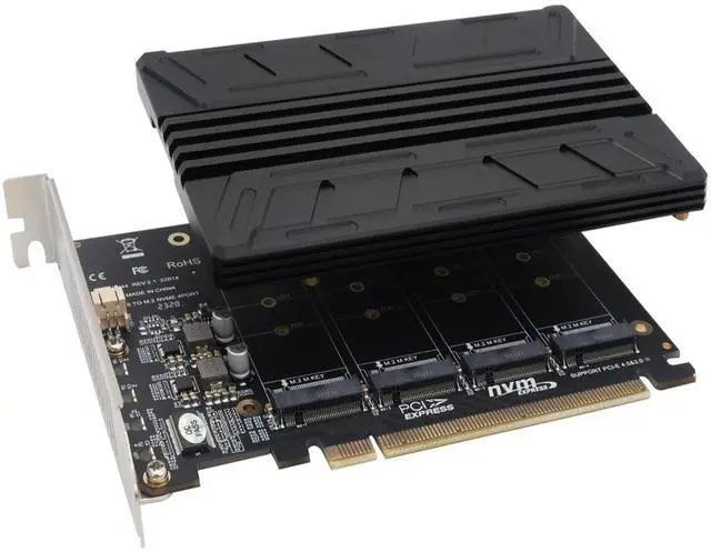 Main image of BUCIER Quad NVMe PCIe Adapter M.2 NVMe SSD to PCI-e 4.0 3.0 x16 Card with Individual LED Indicator Heat Sink Support 2230 2242 2260 2280 NVMe SSD (PCI-e Bifurcation Required)