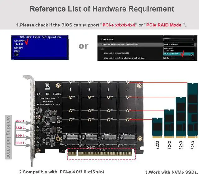 Alt view image 2 of 7 - BUCIER Quad NVMe PCIe Adapter M.2 NVMe SSD to PCI-e 4.0 3.0 x16 Card with Individual LED Indicator Heat Sink Support 2230 2242 2260 2280 NVMe SSD (PCI-e Bifurcation Required)