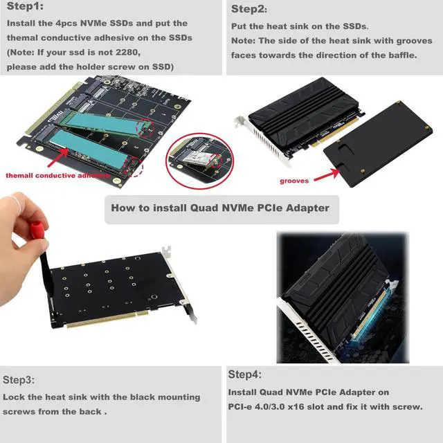Alt view image 4 of 7 - BUCIER Quad NVMe PCIe Adapter M.2 NVMe SSD to PCI-e 4.0 3.0 x16 Card with Individual LED Indicator Heat Sink Support 2230 2242 2260 2280 NVMe SSD (PCI-e Bifurcation Required)
