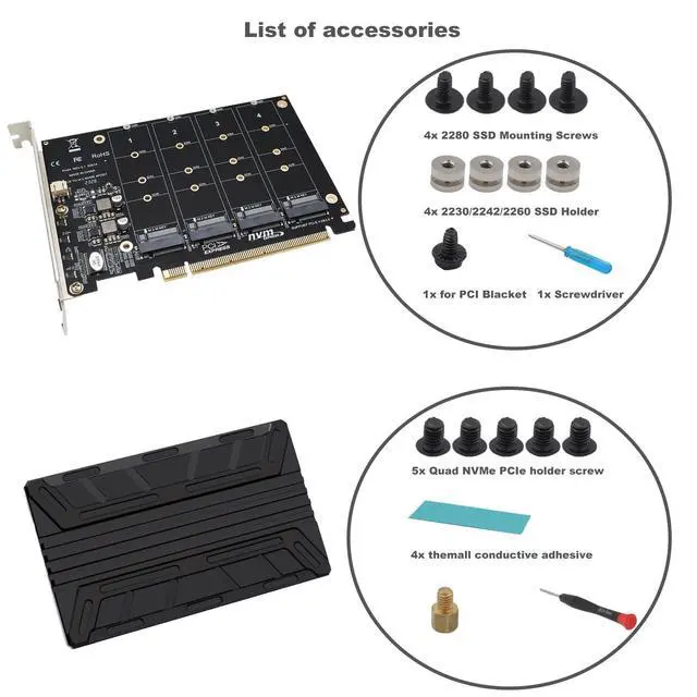 Alt view image 5 of 7 - BUCIER Quad NVMe PCIe Adapter M.2 NVMe SSD to PCI-e 4.0 3.0 x16 Card with Individual LED Indicator Heat Sink Support 2230 2242 2260 2280 NVMe SSD (PCI-e Bifurcation Required)
