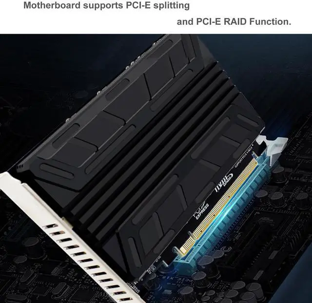 Alt view image 7 of 7 - BUCIER Quad NVMe PCIe Adapter M.2 NVMe SSD to PCI-e 4.0 3.0 x16 Card with Individual LED Indicator Heat Sink Support 2230 2242 2260 2280 NVMe SSD (PCI-e Bifurcation Required)