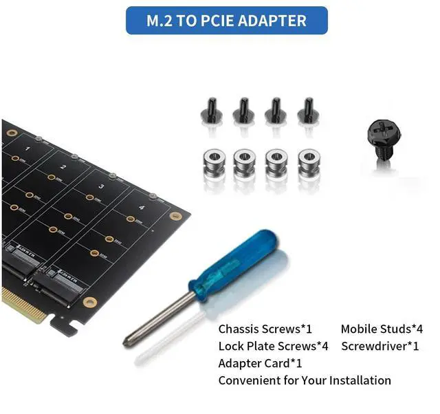 Alt view image 6 of 7 - BUCIER 4 Port NVMe to PCIe Host Controller Expansion Card, M.2 NVME to PCIe X16 Adapter, Support 2230 2242 2260 2280, System Free Drive, 4×32Gbps, with Mounting Accessories (ph44)