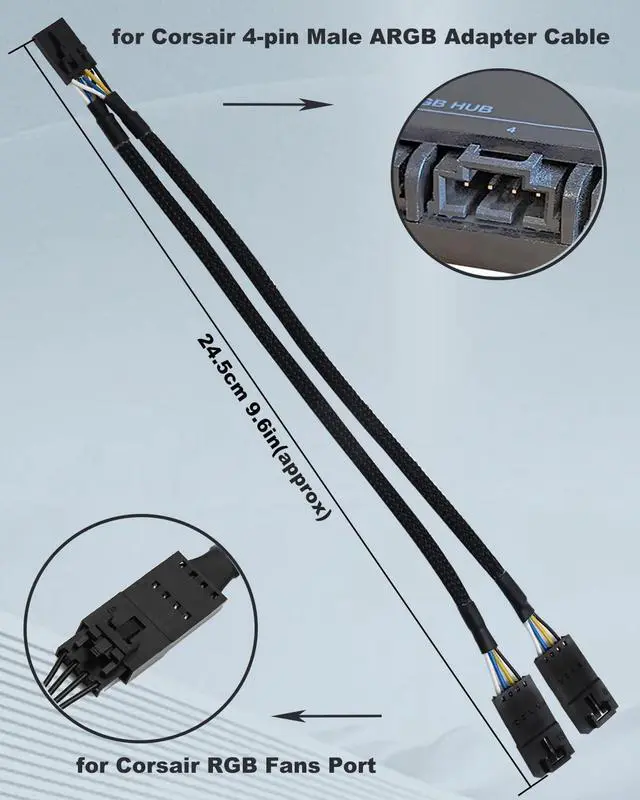 Alt view image 4 of 5 - BUCIER RGB Splitter for Corsair RGB HUB, Lighting Node Core and iCUE Commander CORE XT, 4 Pin Male to Female Fan Extension Cable for Corsair RGB Fan ML/LL/QL/SP/HD 9-in