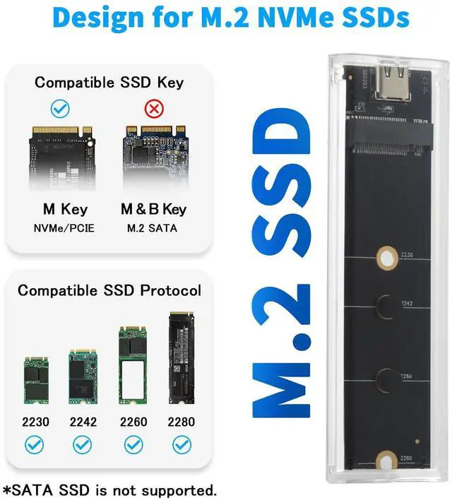 Alt view image 2 of 7 - BUCIER Transparent M.2 NVMe SSD Enclosure with Colorful LED Lights, 10Gbps M2 SSD Enclosure Tool-Free NVMe to USB Adapter External Enclosure for M-Key SSD 2230 2242 2260 2280 Sizes Support UASP Trim