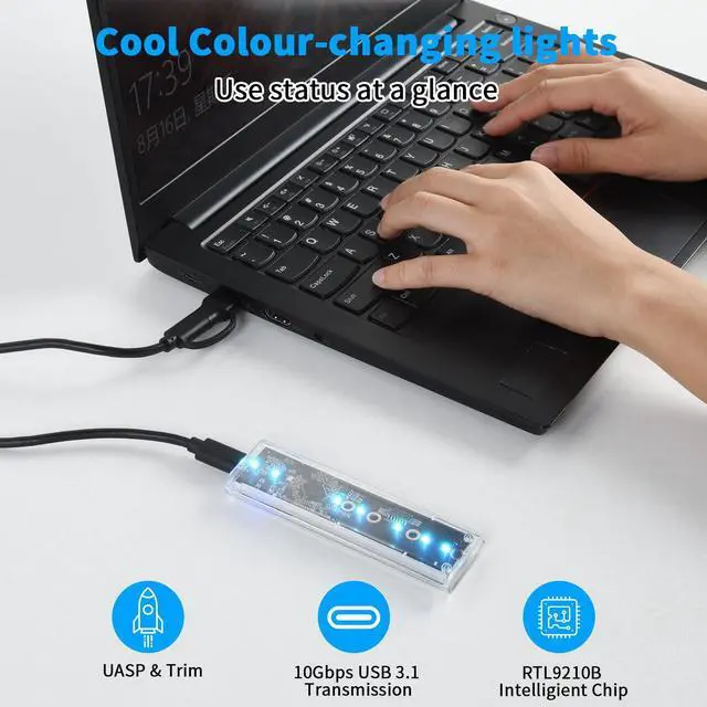 Alt view image 4 of 7 - BUCIER Transparent M.2 NVMe SSD Enclosure with Colorful LED Lights, 10Gbps M2 SSD Enclosure Tool-Free NVMe to USB Adapter External Enclosure for M-Key SSD 2230 2242 2260 2280 Sizes Support UASP Trim