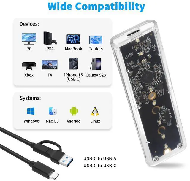 Alt view image 6 of 7 - BUCIER Transparent M.2 NVMe SSD Enclosure with Colorful LED Lights, 10Gbps M2 SSD Enclosure Tool-Free NVMe to USB Adapter External Enclosure for M-Key SSD 2230 2242 2260 2280 Sizes Support UASP Trim