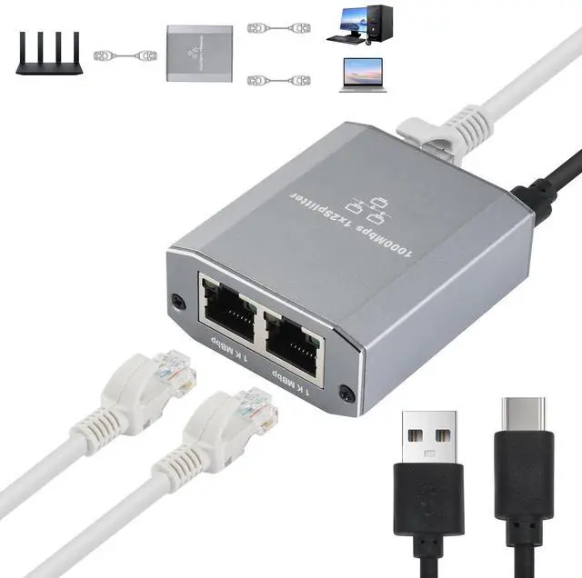 Main image of BUCIER Ethernet Splitter 1 to 2, 1000Mbps High Speed Gigabit Network Switch with USB-C Power Cable, 2 Port LAN Internet Splitter for PC Laptop PS5 Xbox Router TV, 2 Devices Simultaneously Networking