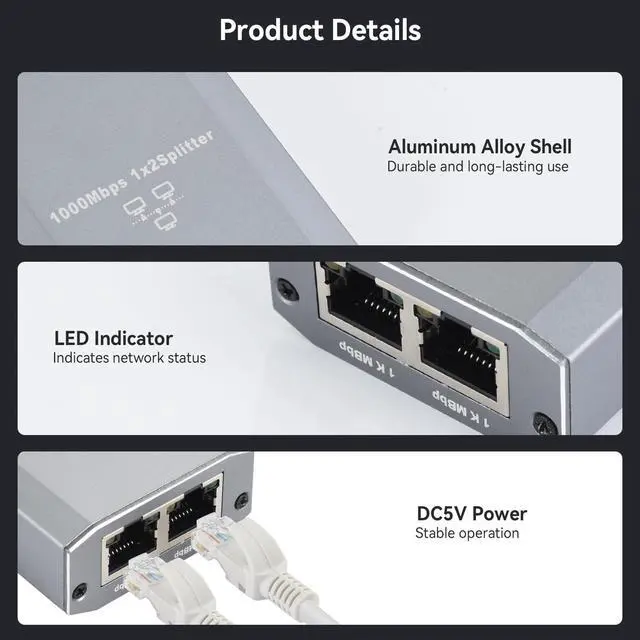 Alt view image 6 of 7 - BUCIER Ethernet Splitter 1 to 2, 1000Mbps High Speed Gigabit Network Switch with USB-C Power Cable, 2 Port LAN Internet Splitter for PC Laptop PS5 Xbox Router TV, 2 Devices Simultaneously Networking